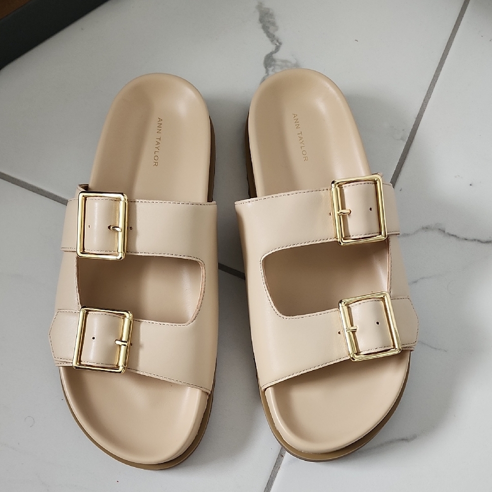 Ann Taylor Beige Sandals with Gold Accents